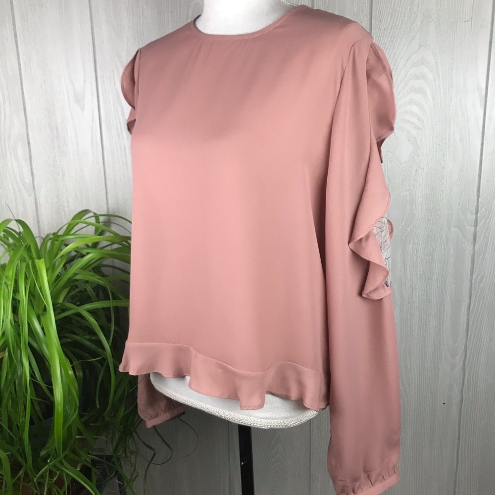 WAYF mauve ruffled lace detail long sleeve blouse top
